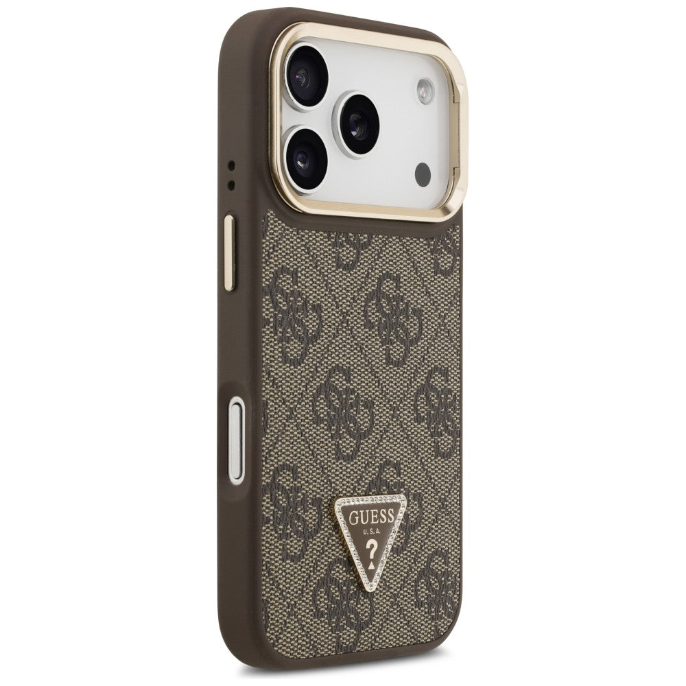 Ovitek MagSafe za Apple iPhone 17 Pro, Guess, 4G Triangle Logo with Stand Camera, Zlato rjava