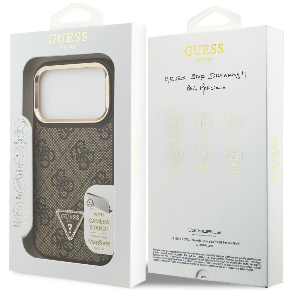 Ovitek MagSafe za Apple iPhone 17 Pro, Guess, 4G Triangle Logo with Stand Camera, Zlato rjava
