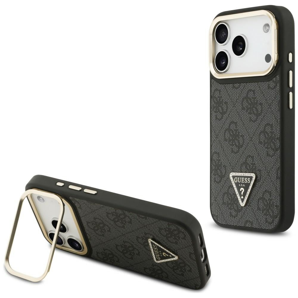 MagSafe ovitek za Apple iPhone 17 Pro, Guess, 4G Triangle Logo with Stand Camera, Črno Zlat