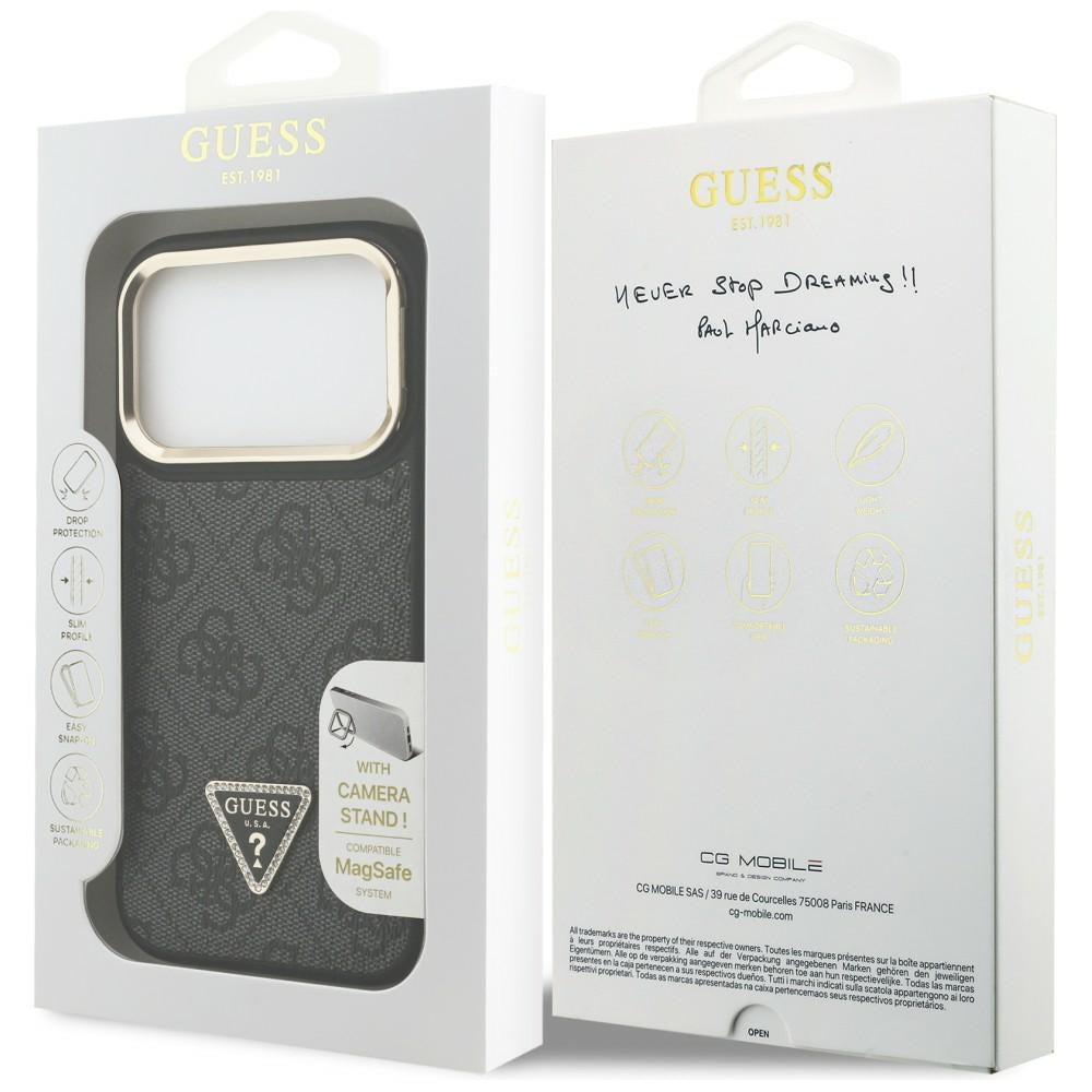 MagSafe ovitek za Apple iPhone 17 Pro, Guess, 4G Triangle Logo with Stand Camera, Črno Zlat