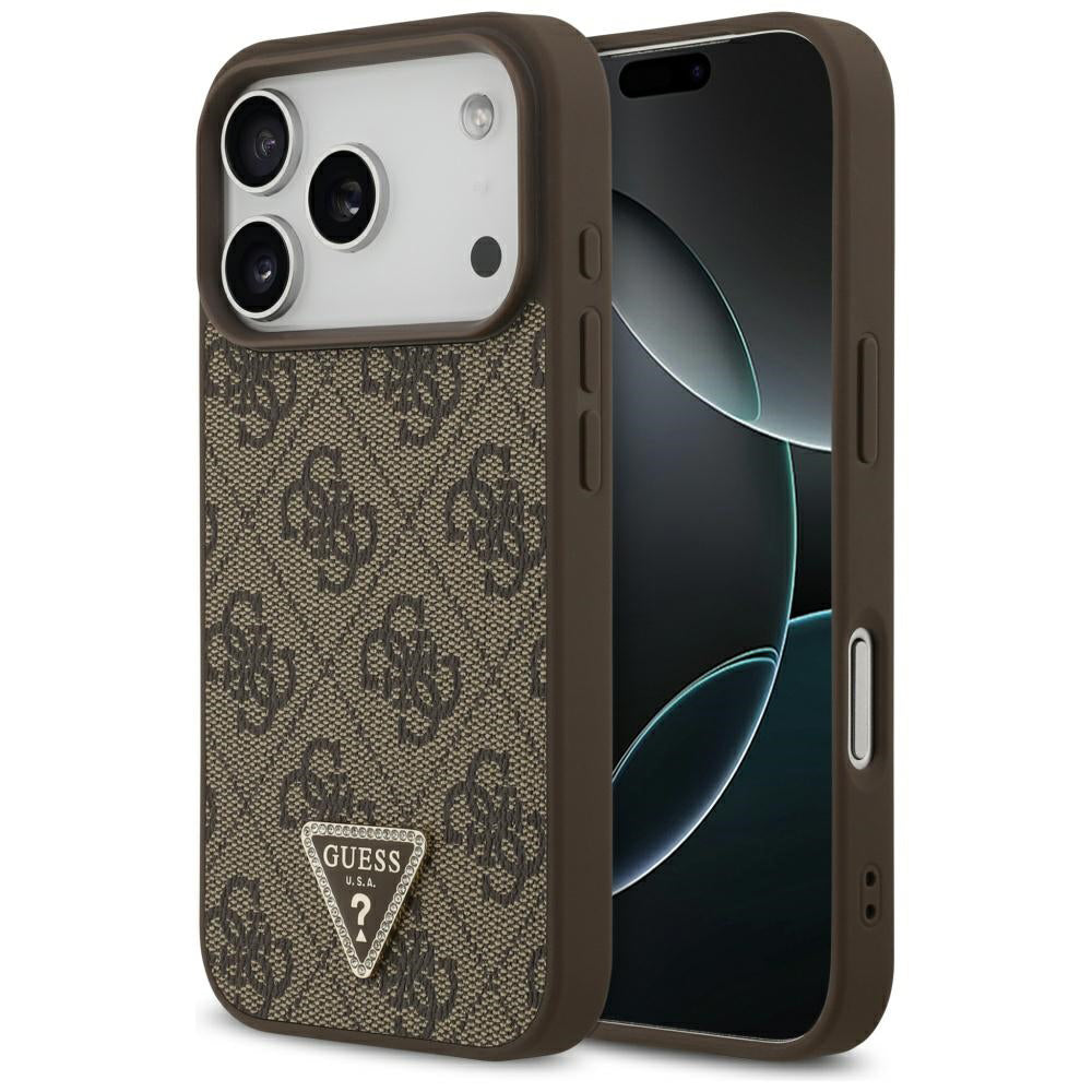 Ovitek MagSafe za Apple iPhone 17 Pro, Guess, 4G Triangle Strass, Rjava