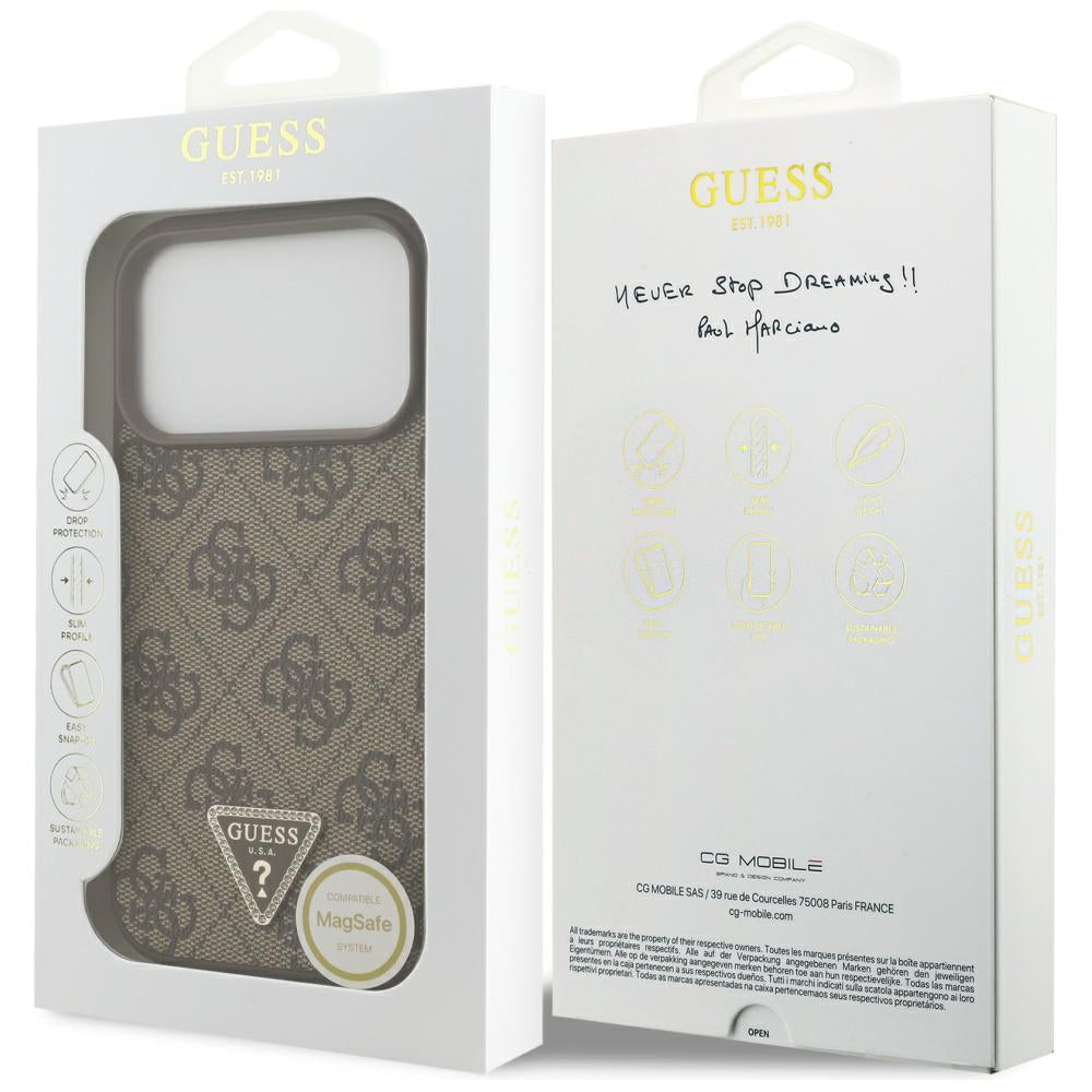 Ovitek MagSafe za Apple iPhone 17 Pro, Guess, 4G Triangle Strass, Rjava