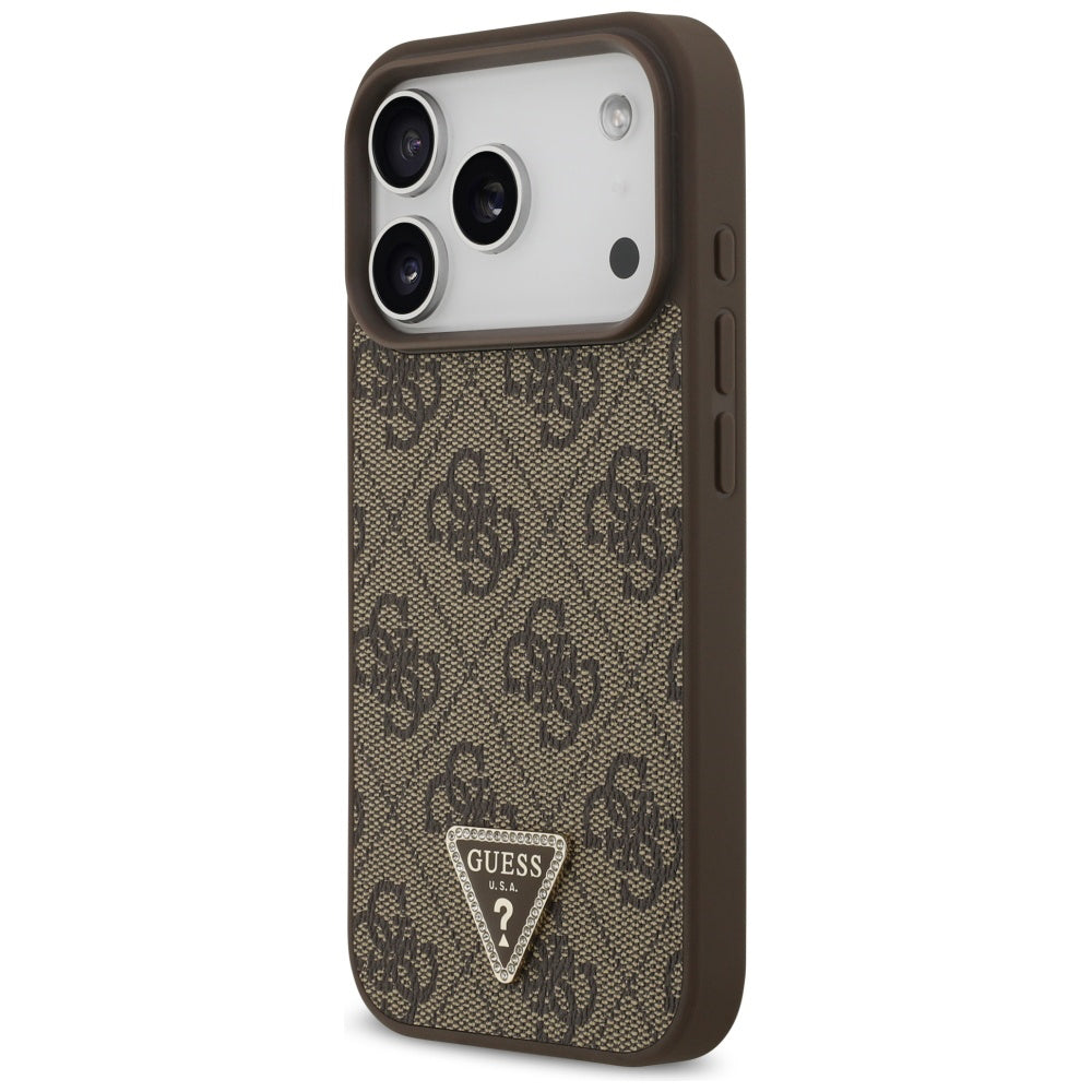 Ovitek MagSafe za Apple iPhone 17 Pro, Guess, 4G Triangle Strass, Rjava