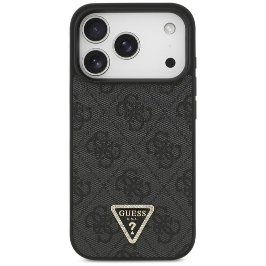 Ovitek MagSafe za Apple iPhone 17 Pro, Guess, 4G Triangle Strass, Črn