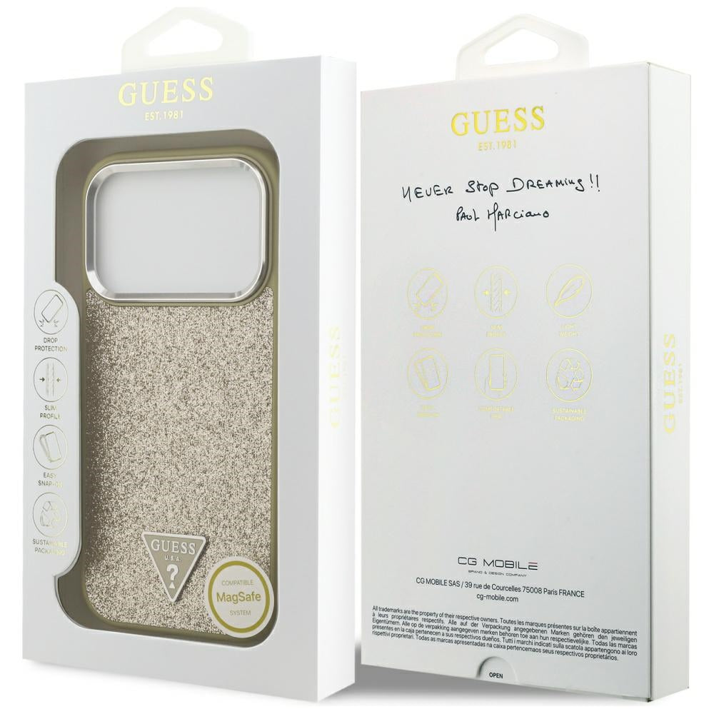 Ovitek MagSafe za Apple iPhone 17 Pro, Guess, Glitter Triangle Logo, Zlat