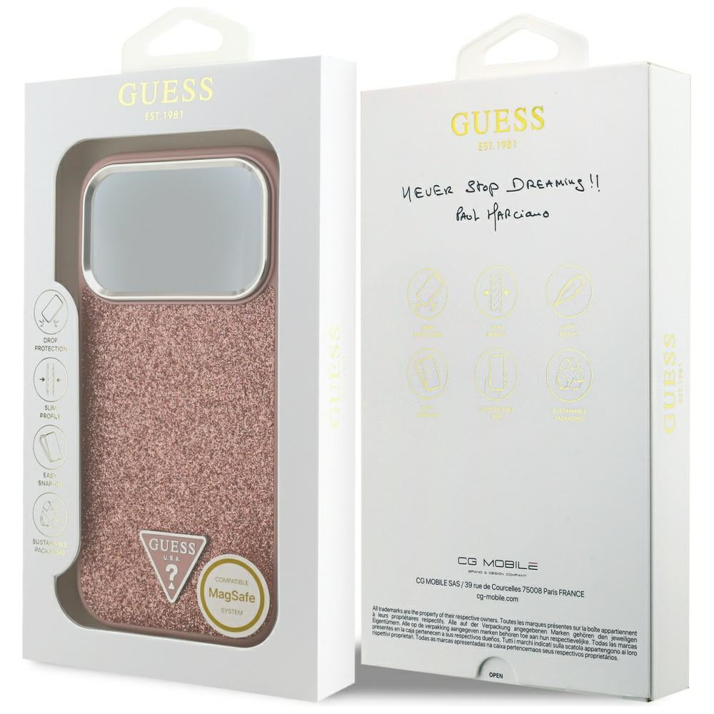 Ovitek MagSafe za Apple iPhone 17 Pro, Guess, Glitter Triangle Logo, Roza