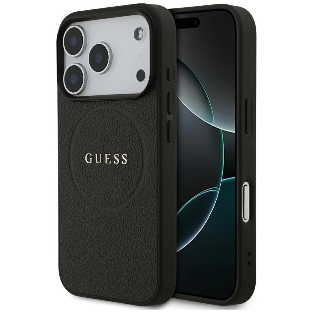 Ovitek MagSafe za Apple iPhone 17 Pro, Guess, Grained Gold Ring, Črn