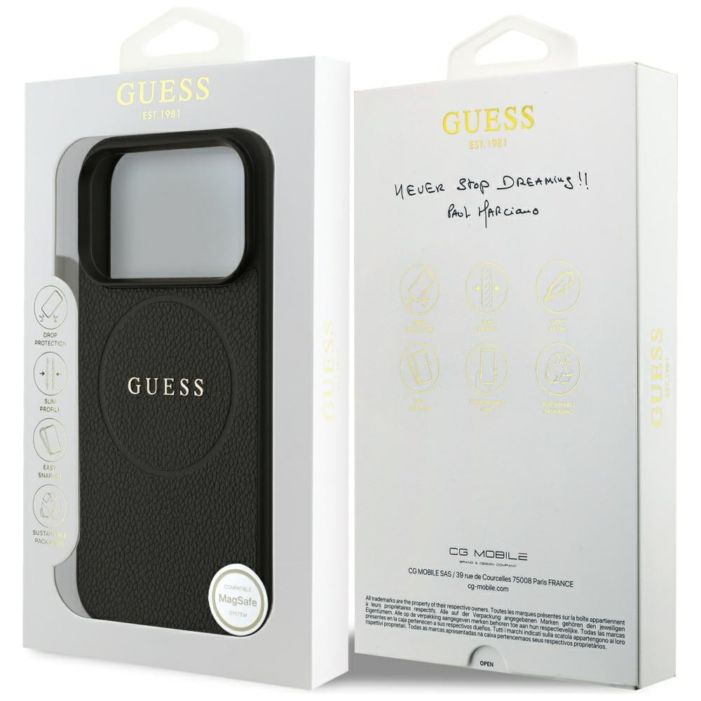 Ovitek MagSafe za Apple iPhone 17 Pro, Guess, Grained Gold Ring, Črn