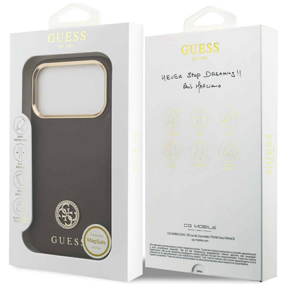Ovitek MagSafe za Apple iPhone 17 Pro, Guess, Grained Strass Logo, Rjava