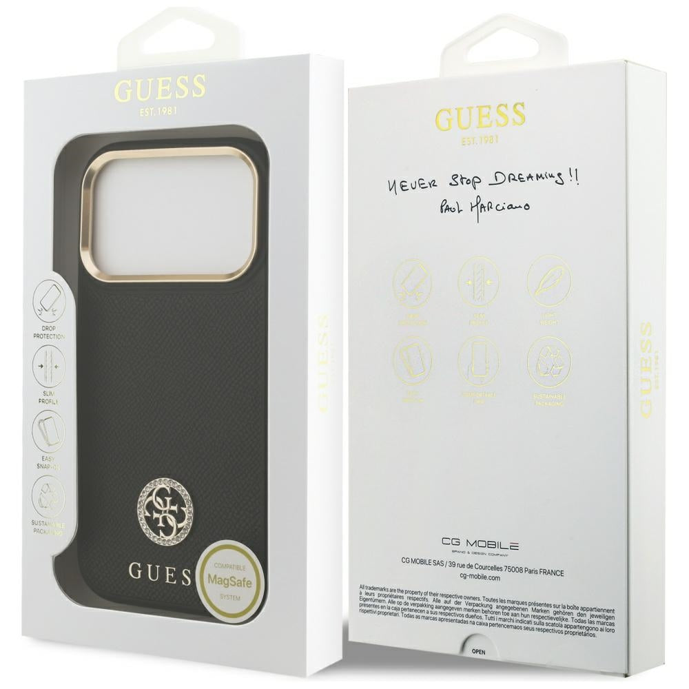 Ovitek MagSafe za Apple iPhone 17 Pro, Guess, Grained Strass Logo, Črn