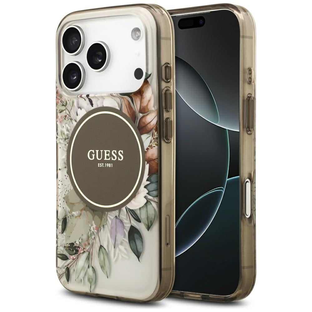 Ovitek MagSafe za Apple iPhone 17 Pro, Guess, IML Flower and Tonal Circle, Rjava