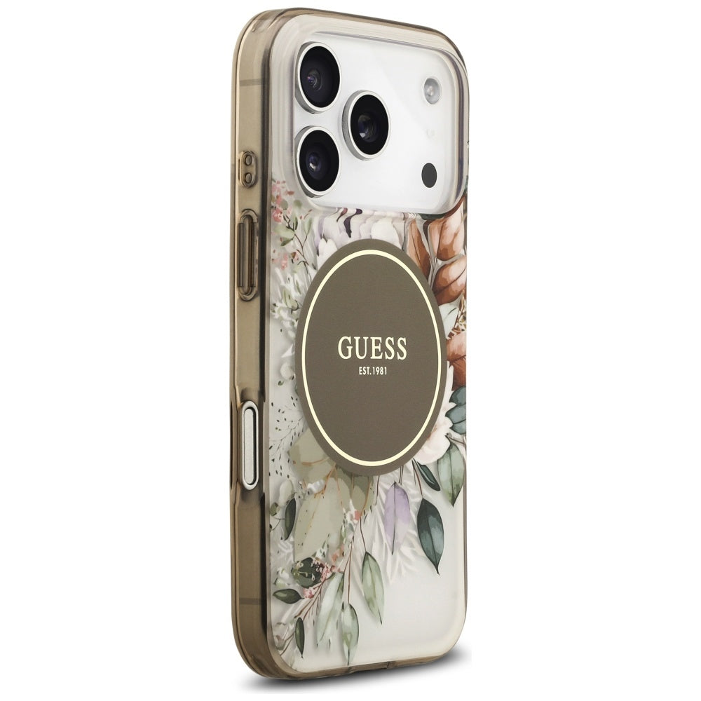 Ovitek MagSafe za Apple iPhone 17 Pro, Guess, IML Flower and Tonal Circle, Rjava