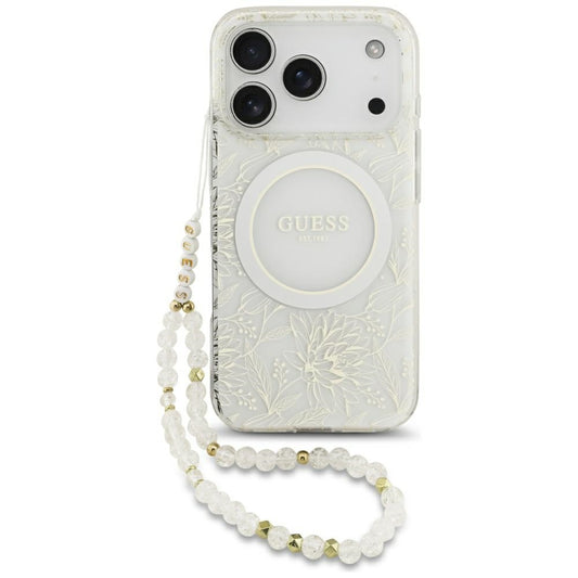 MagSafe ovitek za Apple iPhone 17 Pro, Guess, IML Flowers Allover Electroplated with Pearl Strap, Bela