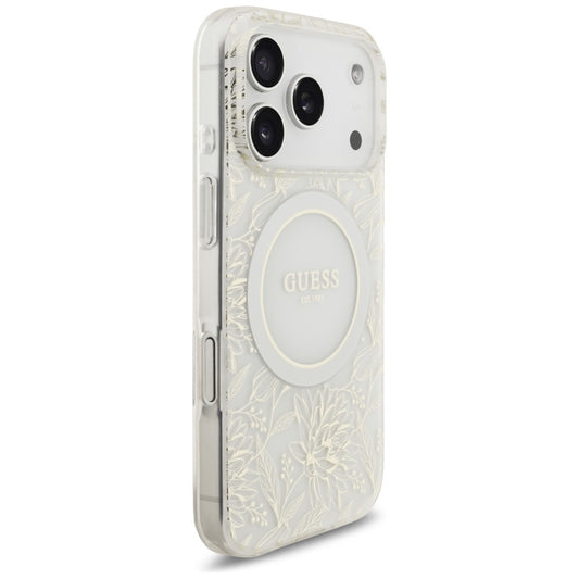 MagSafe ovitek za Apple iPhone 17 Pro, Guess, IML Flowers Allover Electroplated with Pearl Strap, Bela