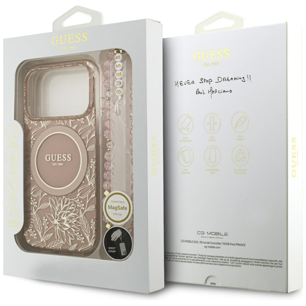 Ovitek MagSafe za Apple iPhone 17 Pro, Guess, IML Flowers Allover Electroplated with Pearl Strap, Roza