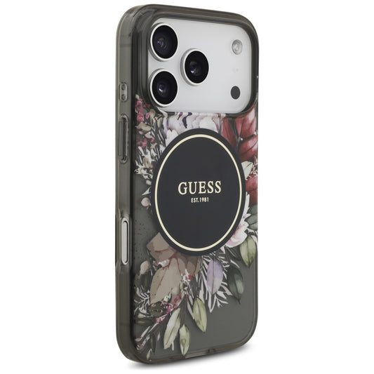 Ovitek MagSafe za Apple iPhone 17 Pro, Guess, IML Flowers with Pearl Strap, črn