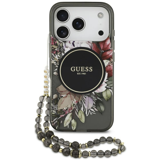 Ovitek MagSafe za Apple iPhone 17 Pro, Guess, IML Flowers with Pearl Strap, črn