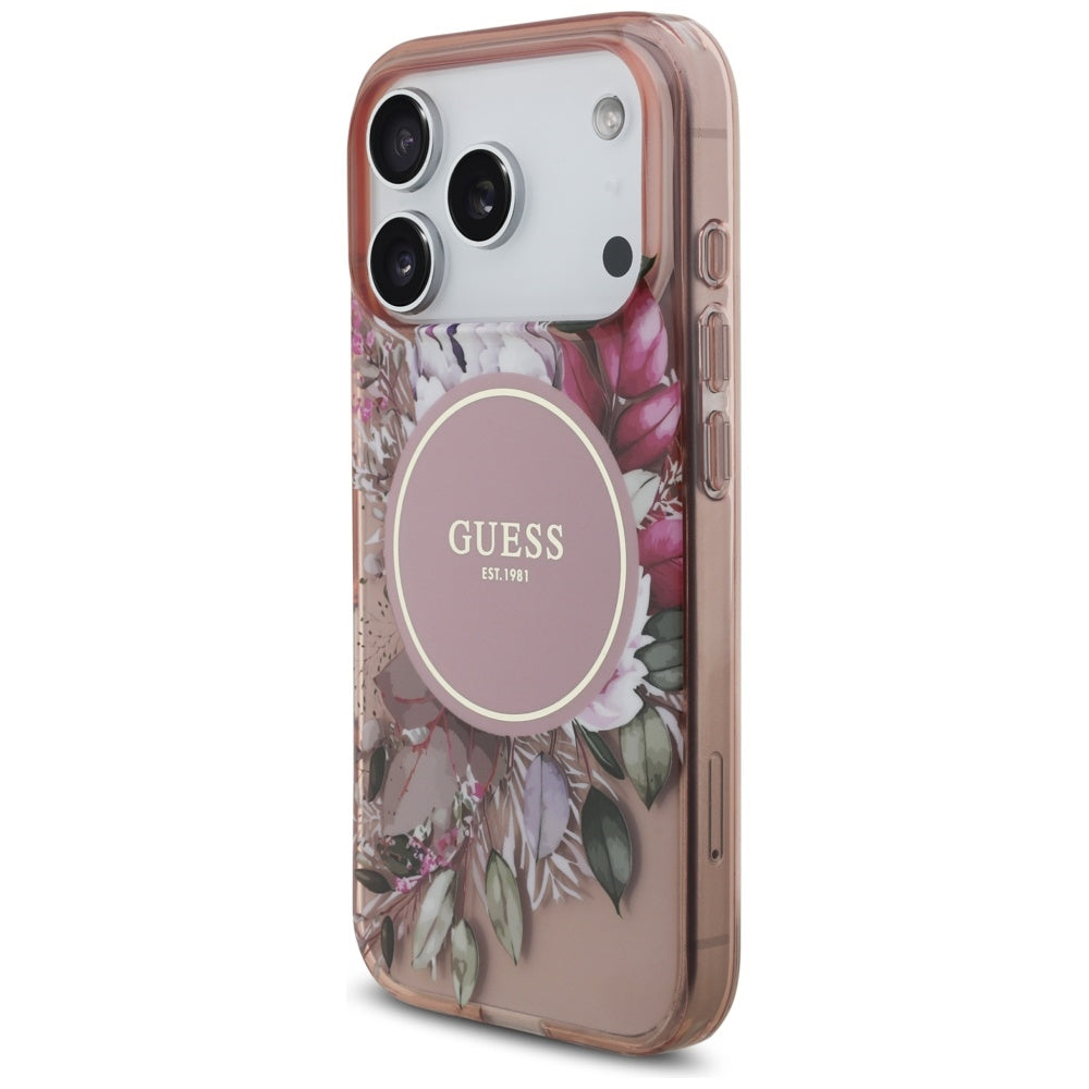 MagSafe ovitek za Apple iPhone 17 Pro, Guess, IML Flowers with Pearl Strap, Roza