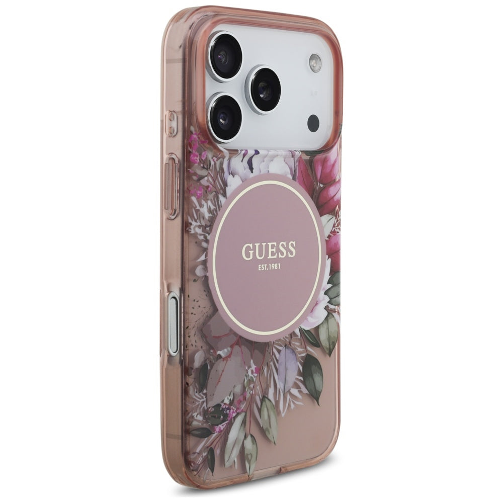 MagSafe ovitek za Apple iPhone 17 Pro, Guess, IML Flowers with Pearl Strap, Roza