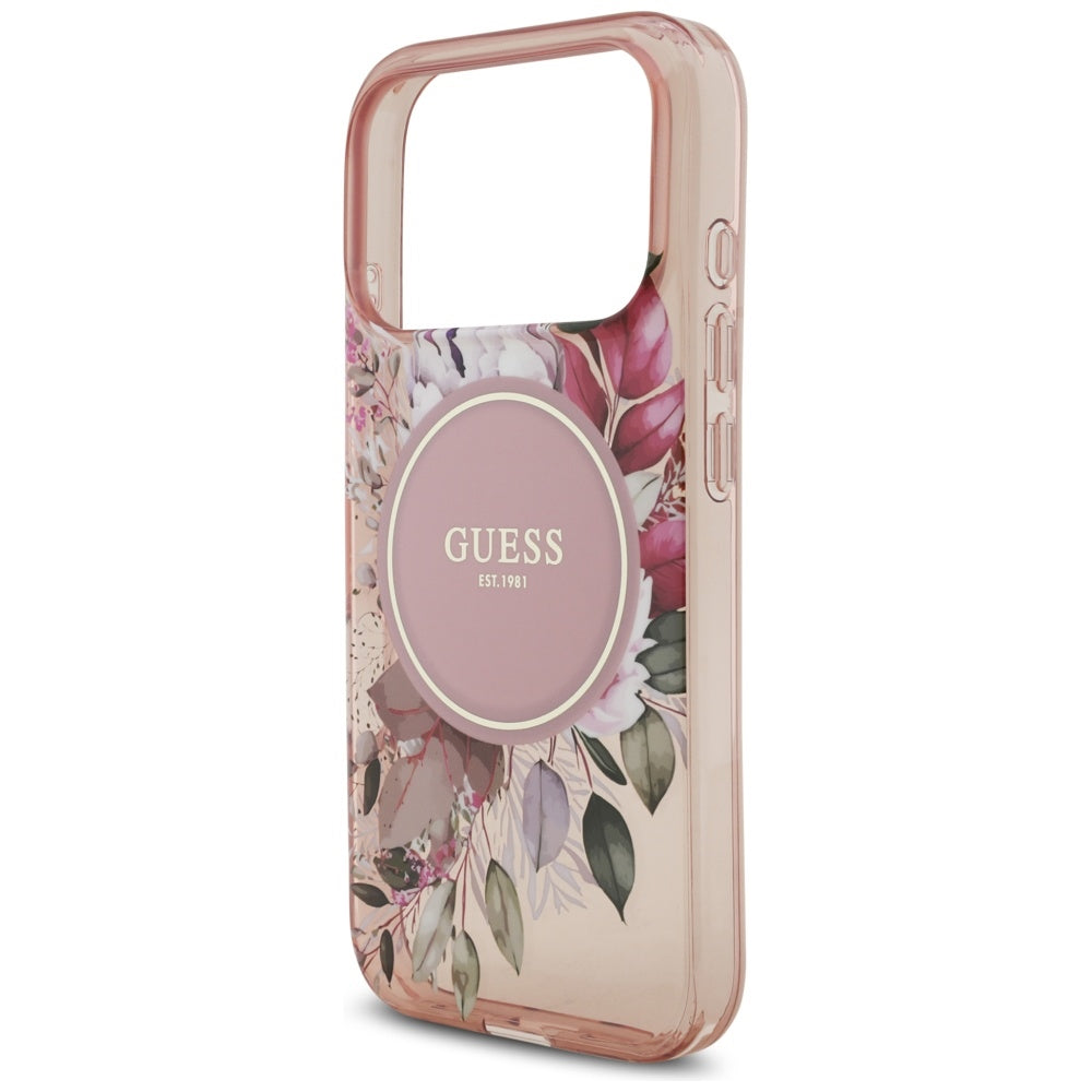 MagSafe ovitek za Apple iPhone 17 Pro, Guess, IML Flowers with Pearl Strap, Roza