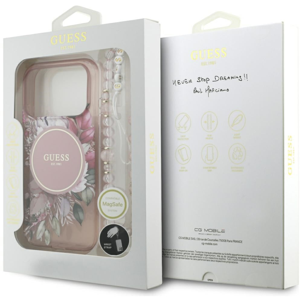 MagSafe ovitek za Apple iPhone 17 Pro, Guess, IML Flowers with Pearl Strap, Roza