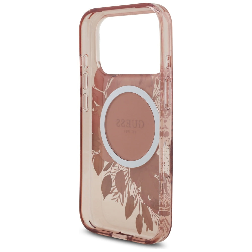 MagSafe ovitek za Apple iPhone 17 Pro, Guess, IML Flowers with Pearl Strap, Roza
