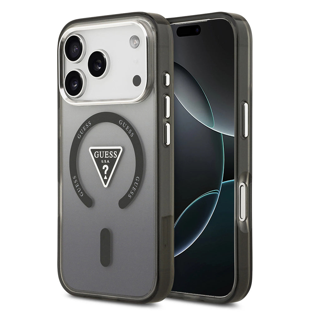Ovitek MagSafe za Apple iPhone 17 Pro, Guess, IML Gradient Triangle Logo, Črno Srebrn