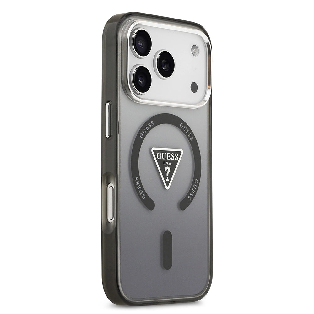 Ovitek MagSafe za Apple iPhone 17 Pro, Guess, IML Gradient Triangle Logo, Črno Srebrn