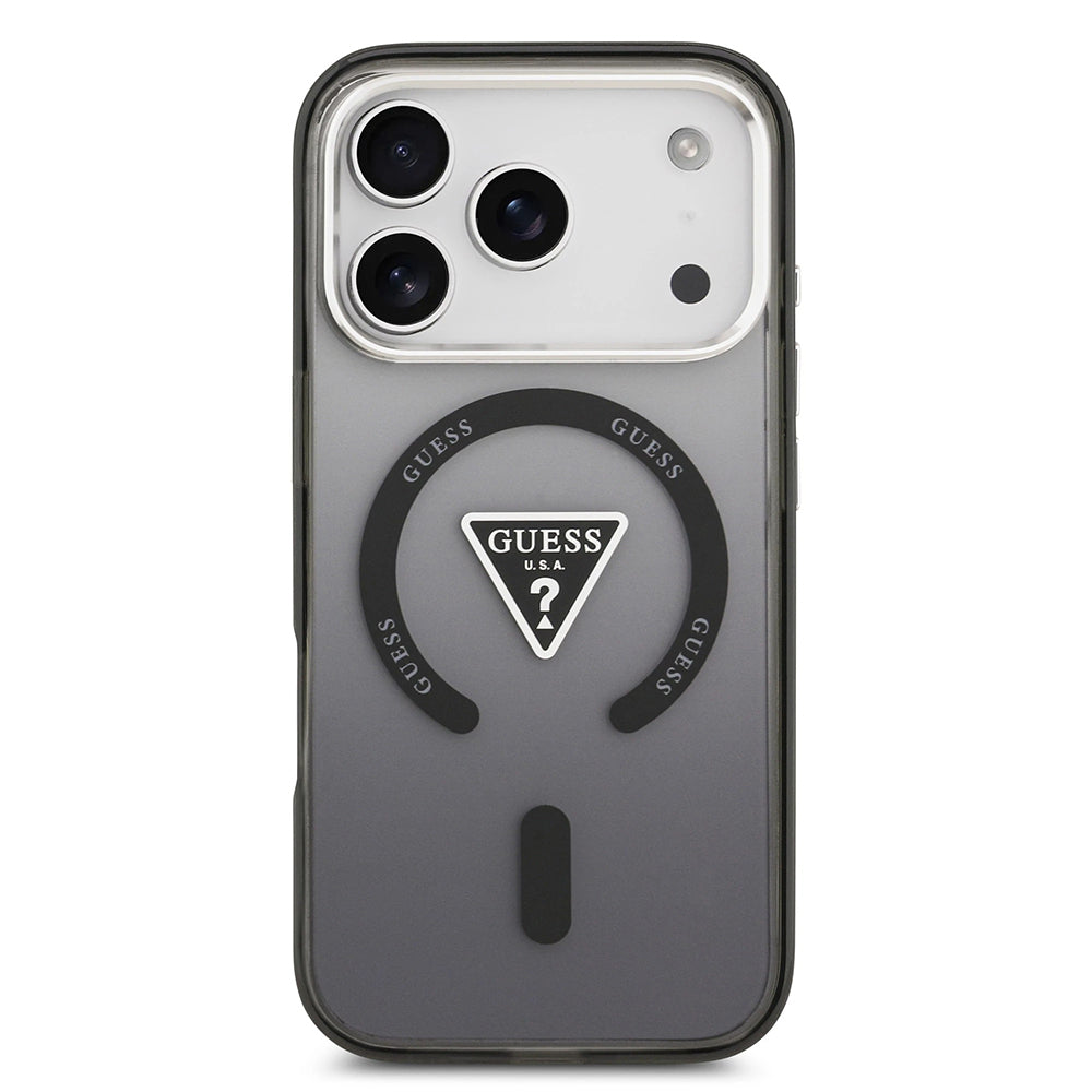 Ovitek MagSafe za Apple iPhone 17 Pro, Guess, IML Gradient Triangle Logo, Črno Srebrn