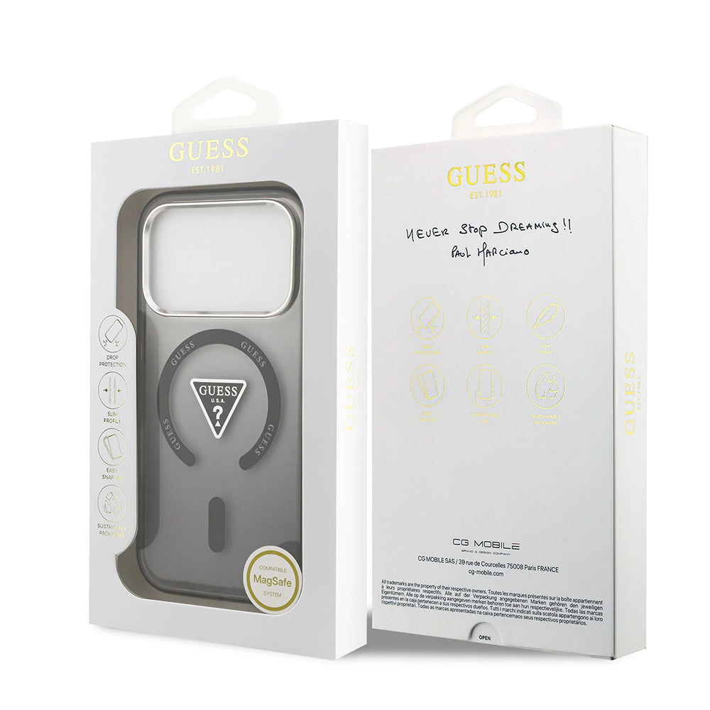 Ovitek MagSafe za Apple iPhone 17 Pro, Guess, IML Gradient Triangle Logo, Črno Srebrn