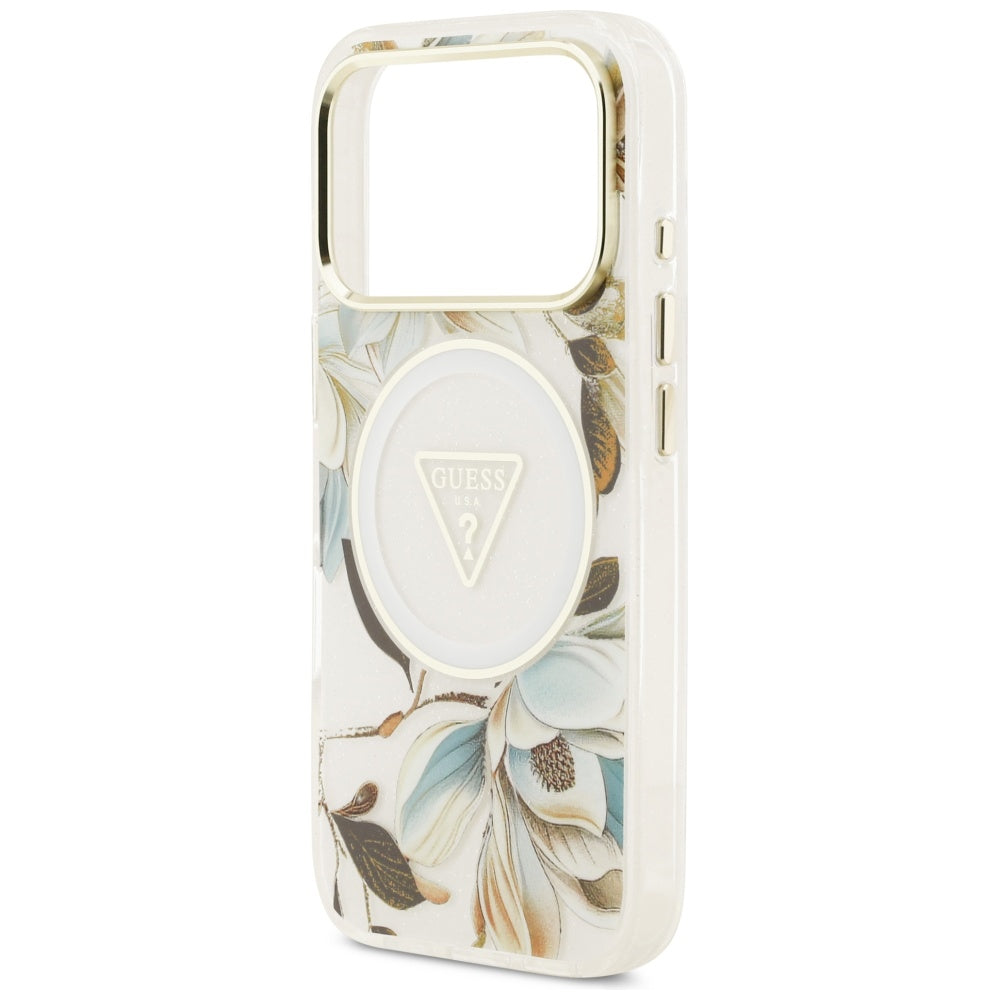Ovitek MagSafe za Apple iPhone 17 Pro, Guess, IML Metal Glitter Flowers Triangle, Bela