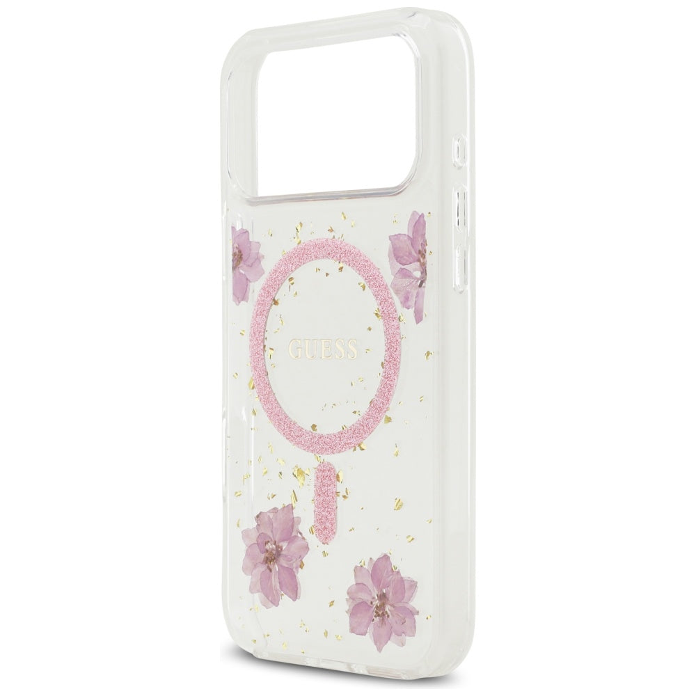 Ovitek MagSafe za Apple iPhone 17 Pro, Guess, Resin Flowers and Glitter, Roza