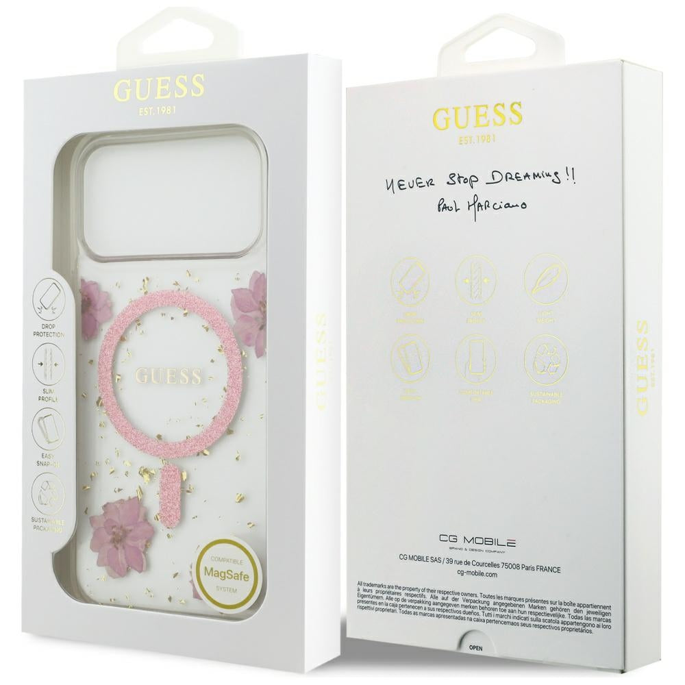 Ovitek MagSafe za Apple iPhone 17 Pro, Guess, Resin Flowers and Glitter, Roza