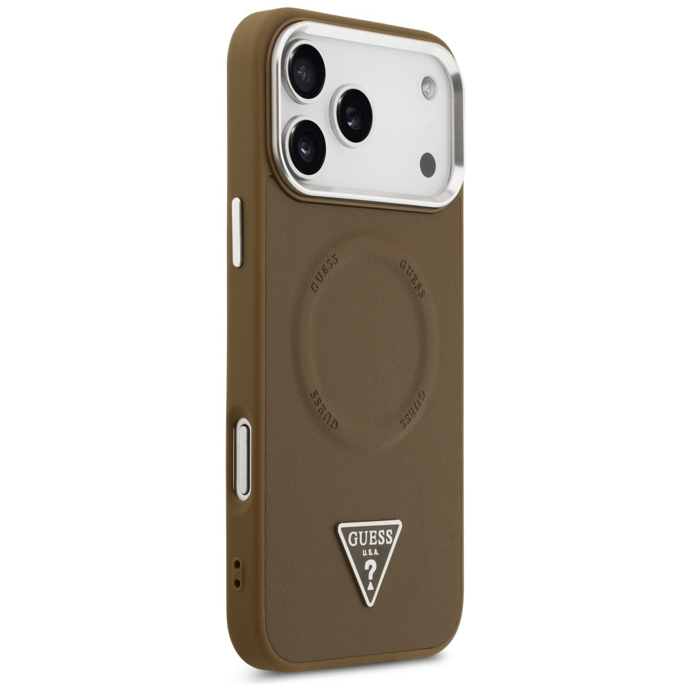 Ovitek MagSafe za Apple iPhone 17 Pro, Guess, Triangle Logo, Srebrno Rjava