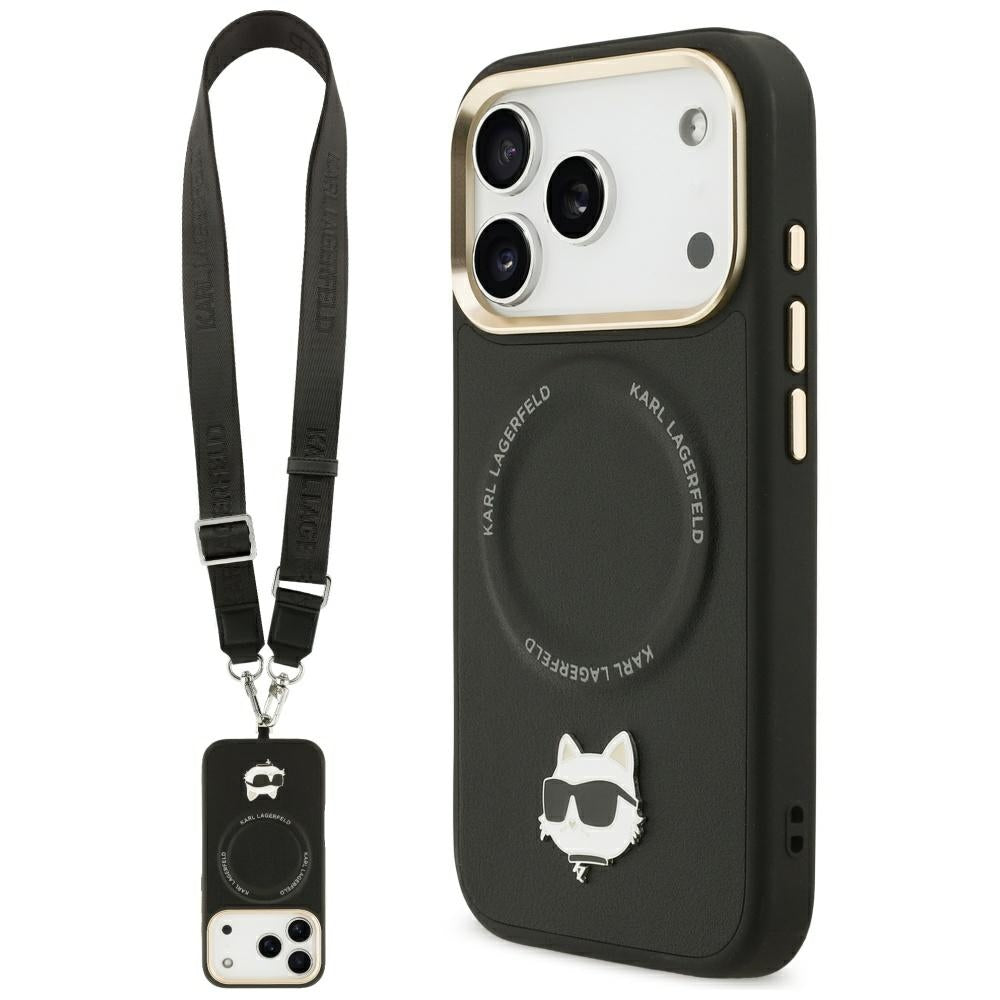 Ovitek MagSafe za Apple iPhone 17 Pro, Karl Lagerfeld, Big Strap Choupette Metal Logo, črn