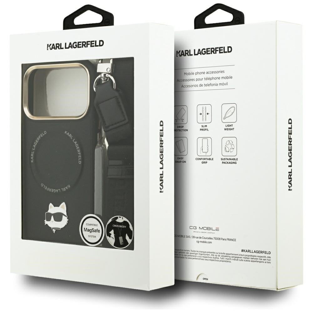 Ovitek MagSafe za Apple iPhone 17 Pro, Karl Lagerfeld, Big Strap Choupette Metal Logo, črn