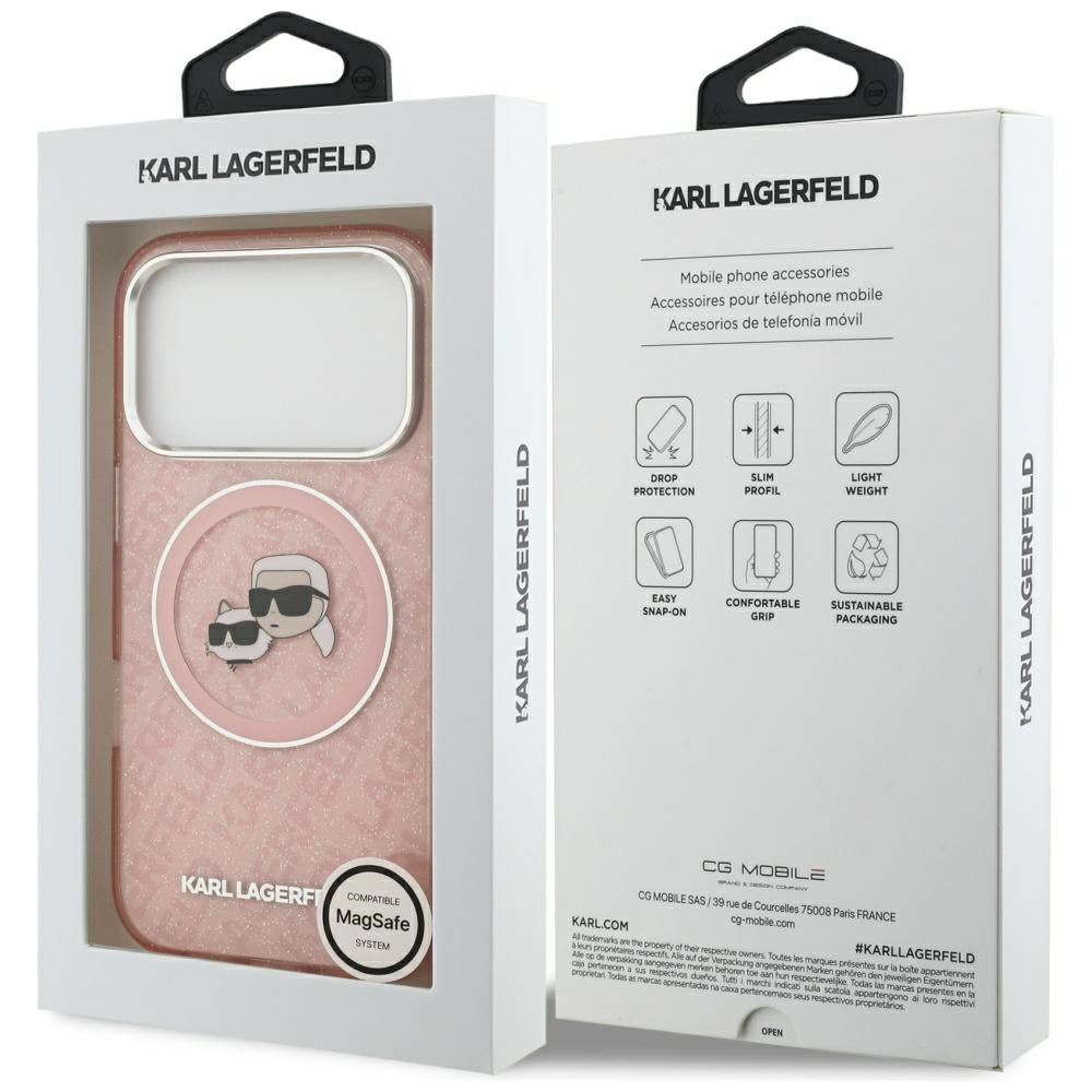 Ovitek MagSafe za Apple iPhone 17 Pro, Karl Lagerfeld, IML Glitter Karl & Choupette`s Heads, Roza