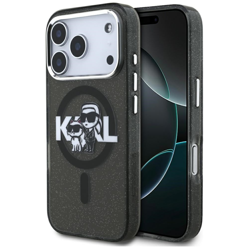 Ovitek MagSafe za Apple iPhone 17 Pro, Karl Lagerfeld, IML Sketch Logo Glitter Karl & Choupette, Črn