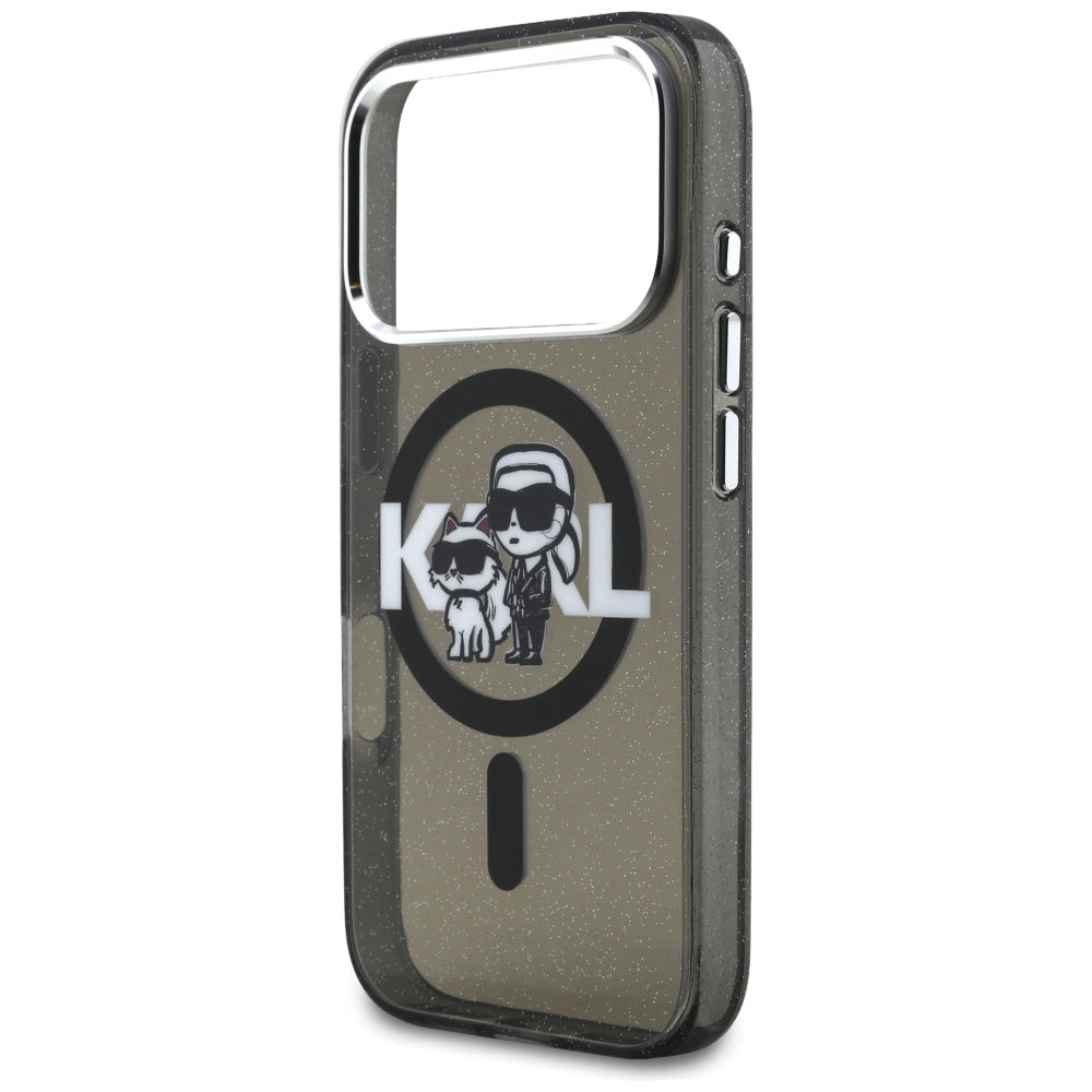 Ovitek MagSafe za Apple iPhone 17 Pro, Karl Lagerfeld, IML Sketch Logo Glitter Karl & Choupette, Črn