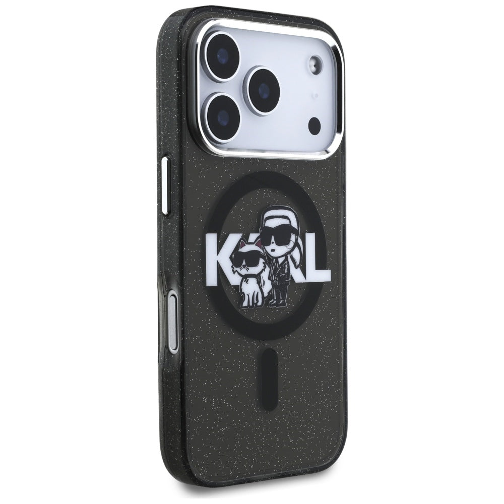 Ovitek MagSafe za Apple iPhone 17 Pro, Karl Lagerfeld, IML Sketch Logo Glitter Karl & Choupette, Črn