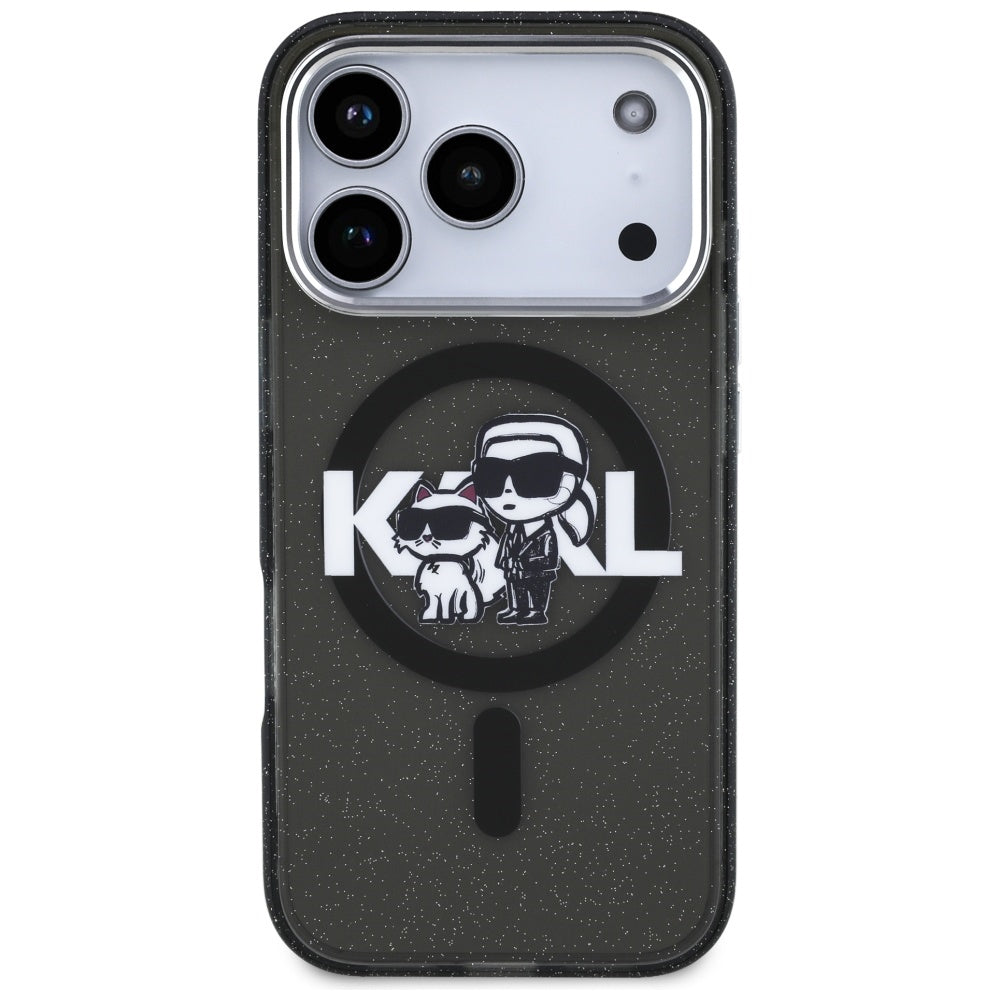 Ovitek MagSafe za Apple iPhone 17 Pro, Karl Lagerfeld, IML Sketch Logo Glitter Karl & Choupette, Črn