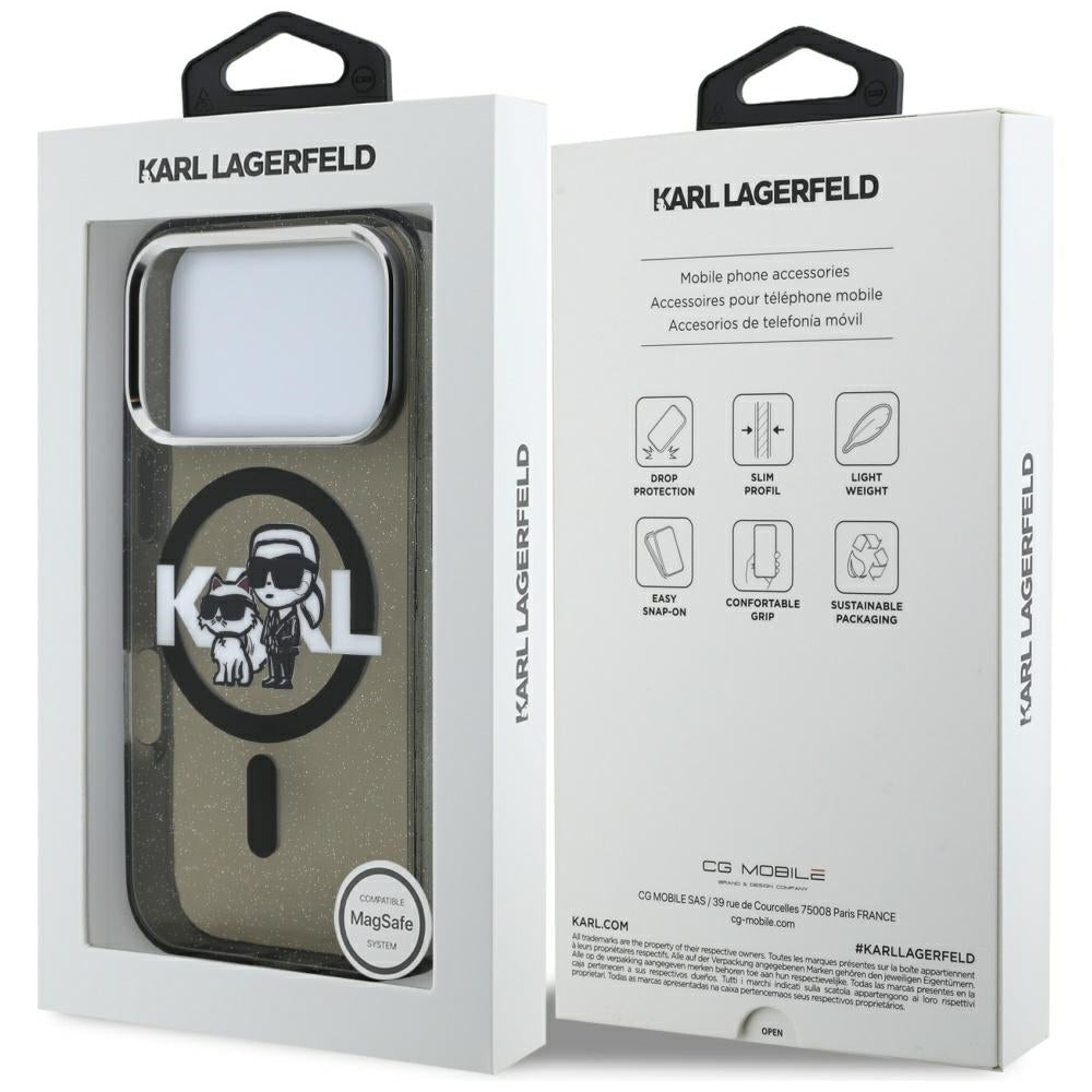 Ovitek MagSafe za Apple iPhone 17 Pro, Karl Lagerfeld, IML Sketch Logo Glitter Karl & Choupette, Črn