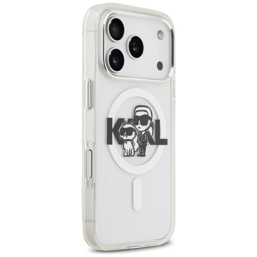 Ovitek MagSafe za Apple iPhone 17 Pro, Karl Lagerfeld, IML Sketch Logo Glitter Karl & Choupette, Prozoren