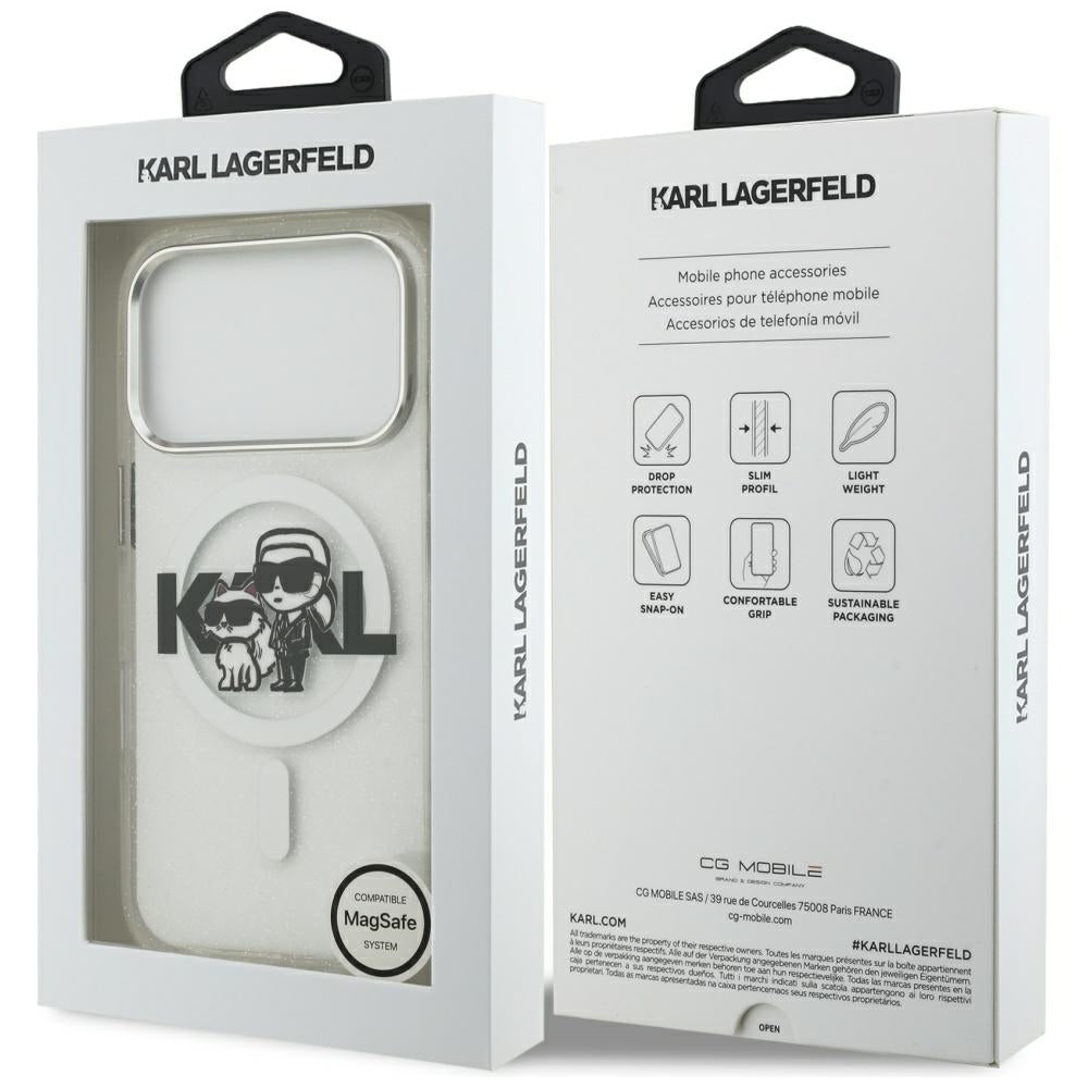Ovitek MagSafe za Apple iPhone 17 Pro, Karl Lagerfeld, IML Sketch Logo Glitter Karl & Choupette, Prozoren