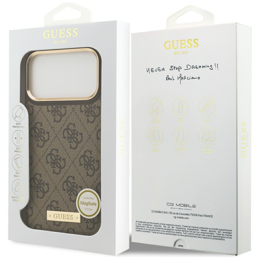 Ovitek MagSafe za Apple iPhone 17 Pro Max, Guess, 4G Logo Plate, Rjava