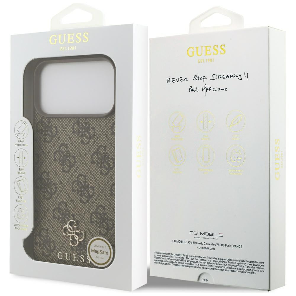 Ovitek MagSafe za Apple iPhone 17 Pro Max, Guess, 4G Small and Classic Logo, rjava