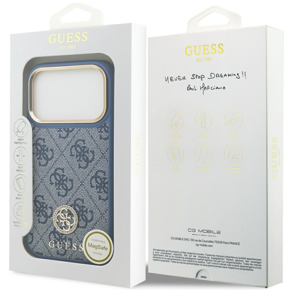 Ovitek MagSafe za Apple iPhone 17 Pro Max, Guess, 4G Strass Logo, Modra