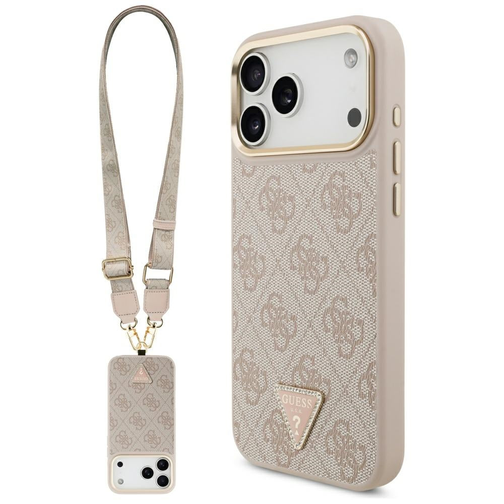Ovitek MagSafe za Apple iPhone 17 Pro Max, Guess, 4G Triangle Logo with Big Strap, Roza