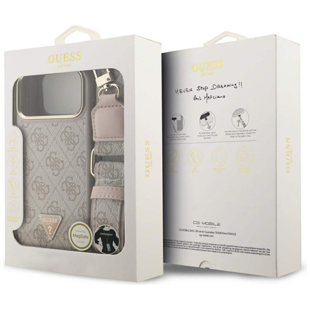 Ovitek MagSafe za Apple iPhone 17 Pro Max, Guess, 4G Triangle Logo with Big Strap, Roza