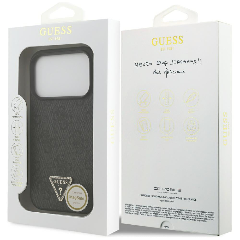 Ovitek MagSafe za Apple iPhone 17 Pro Max, Guess, 4G Triangle Strass, črn